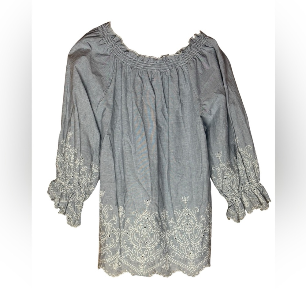 Stitch by Chenault Bluish Gray Romantic Off-Shoulder Lace Trim Boho Top - Size L - Picture 3 of 9